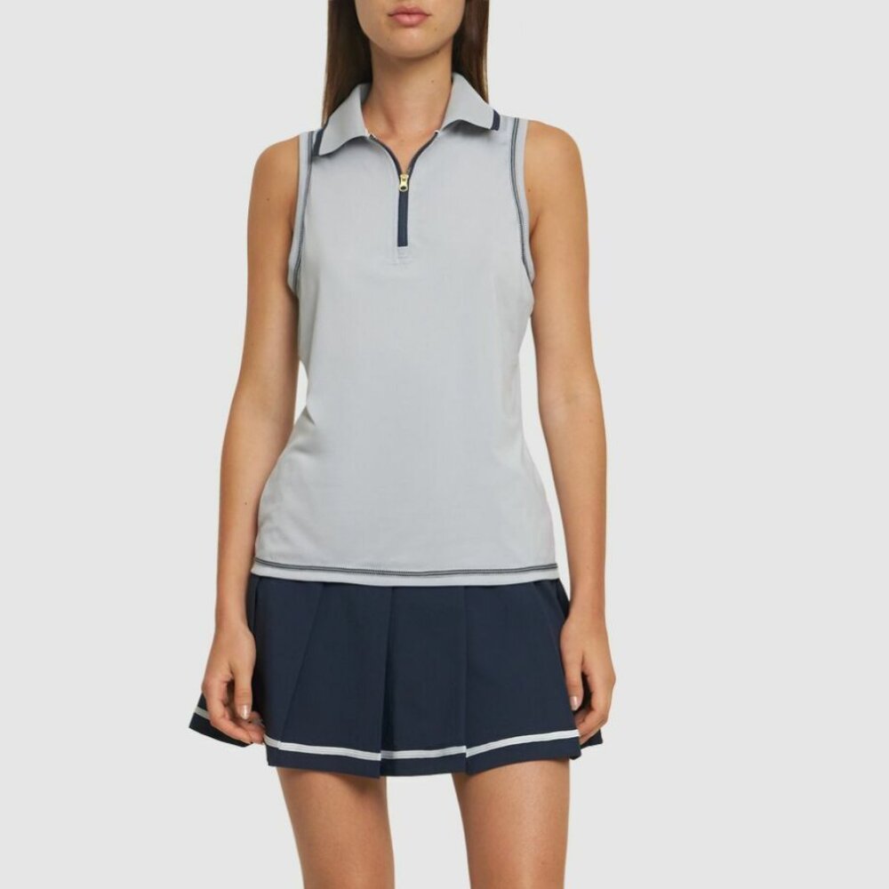 Sleeveless Light Gray Polo Top with Navy Trim